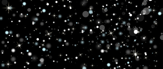 White Snowflakes on Black Background. Christmas Confetti. Festive Background with Bokeh and Stars. Abstract Star Dust Particle Background.