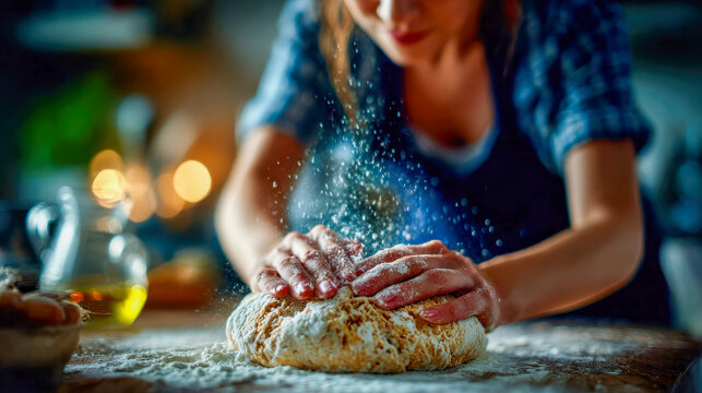 Woman kneading dough in a warm kitchen environment, with flour particles in the air, symbolizing homemade baking and tradition