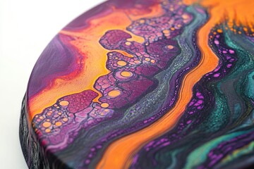 Obraz premium Vibrant abstract fluid art features mesmerizing orange, purple, and teal colors with dynamic cells and swirling patterns on a round surface.