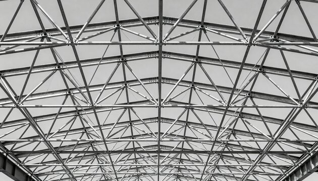 Medium shot highlighting trussed steel joist system illustrating intricate triangular web design used for stable and lightweight roof support.