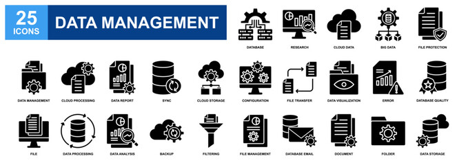 Data Management icon set collection. Containing design Big Data, File Protection, File Transfer, Data Report, Data Storage