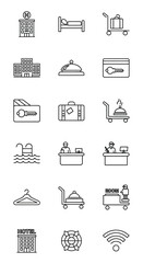 Set of hand-drawn hotel and hospitality service line art icons with a sketchy texture.