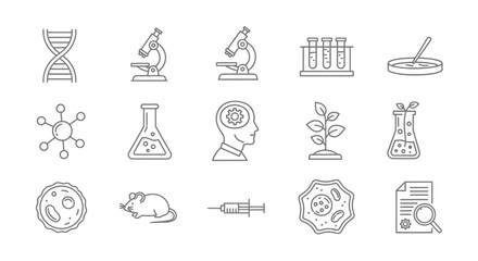 Set of hand-drawn science and biology icons in a doodle sketch style, including DNA, microscope, and lab equipment.