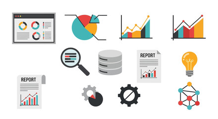 Set of modern flat design business icons for data analysis, including charts, graphs, reports, databases, and analytics symbols.