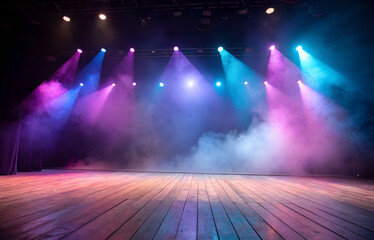A vibrant stage scene with a wooden floor