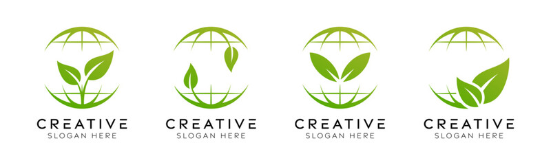 Set of earth nature logo design templates. Modern isolated earth with leaves design for green earth, environment and nature.