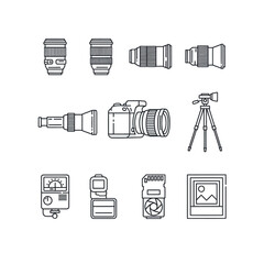 Set of professional photography equipment icons in a minimalist thin line art style, including camera, lenses, and accessories.