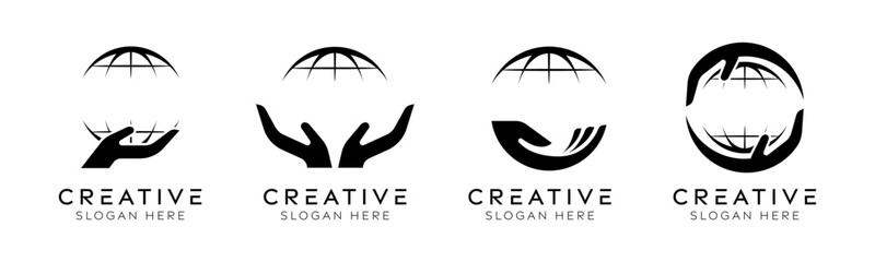 Set of caring for the earth logo design templates. Modern isolated globe with hand design for recycling, environment and recovery.