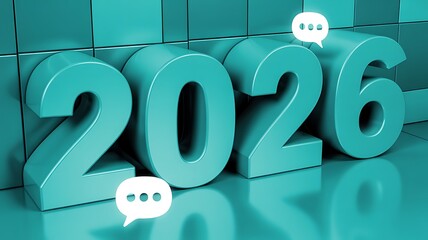 3D rendering of the year 2026 with communication icons, symbolizing future plans and interactive discussions