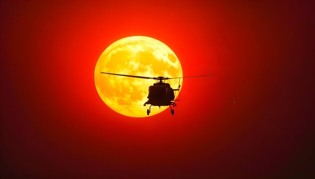 Helicopter silhouette hovering in front of bright full moon at dusk, dramatic night sky with glowing orange tones symbolizing adventure and flight freedom - Powered by Adobe