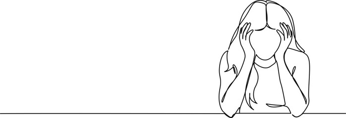 continuous line drawing of worried young woman, face buried in hands, line art vector illustration