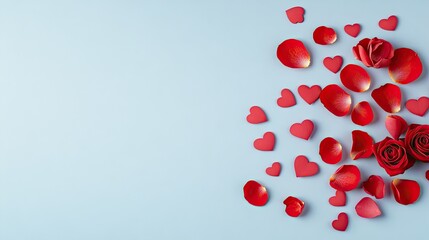 Celebrate love with this romantic Valentines Day banner featuring roses and heart-shaped confetti on a pink backdrop