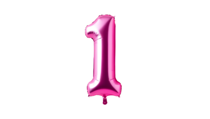 Pink shiny number one balloon isolated on white background, metallic foil style numeral for birthday party, celebration, anniversary, or festive decoration use