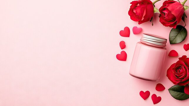 Romantic Valentine's Day banner featuring red rose petals and heart-shaped confetti on pink background for creative designs