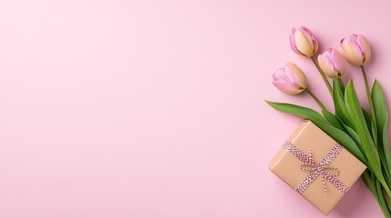 Fototapeta premium Celebrate Mother's Day with vibrant tulips and a thoughtfully wrapped gift box against a soft pink backdrop, perfect for heartfelt moments
