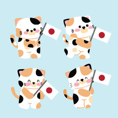 Adorable calico cat holding Japan flag in cute kawaii cartoon style, perfect for Japanese themed designs