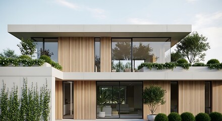Modern Luxury Residence With Natural Wood Accents and Large Glass Windows.