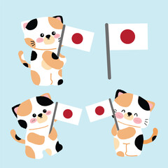 Adorable calico cat holding Japan flag in cute kawaii cartoon style, perfect for Japanese themed designs