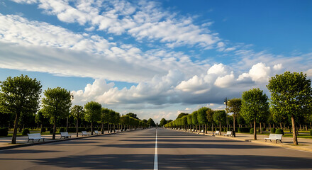 Long straight road lined with green trees and benches under blue sky