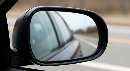 Side view mirror reflection of a car driving on a road.