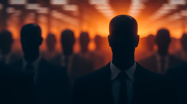 A shadowy figure stands in front of a crowd of faceless silhouettes, illuminated by an orange glow, creating a mysterious and eerie atmosphere.