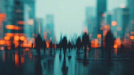 A blurred cityscape with silhouettes of people walking, illuminated by warm orange lights against a cool blue backdrop, creating a moody urban atmosphere.