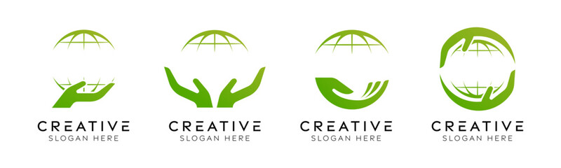 Set of caring for the earth logo design templates. Modern isolated globe with hand design for recycling, environment and recovery.