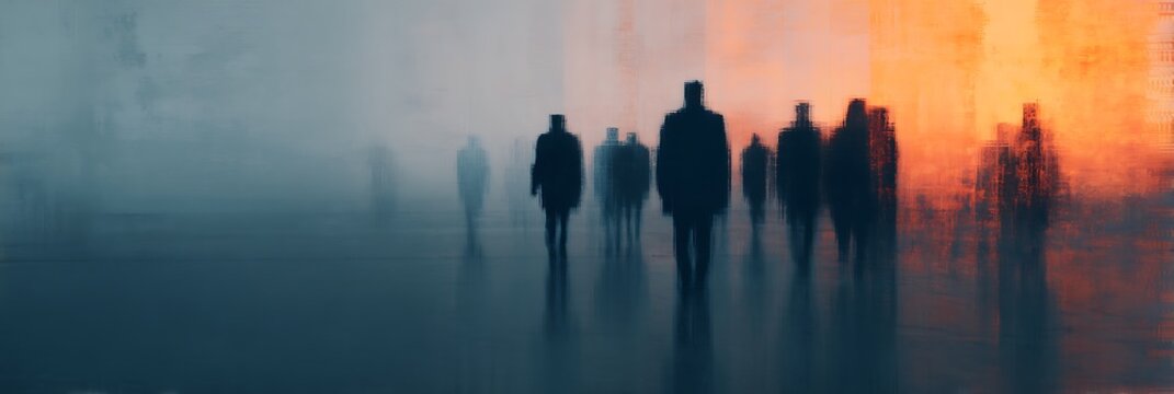 A surreal scene featuring shadowy figures walking towards a vibrant sunset, creating a dreamlike atmosphere with blurred edges and soft colors.