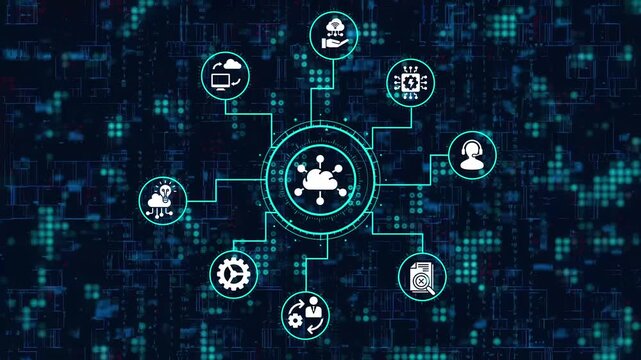 Cloud computing technology with data storage and processing icons, symbolizing digital transformation and modern it infrastructure for business innovation