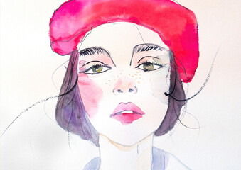 Abstract Watercolor Portrait of Woman in Red Beret, Hand-Painted Feminine Illustration