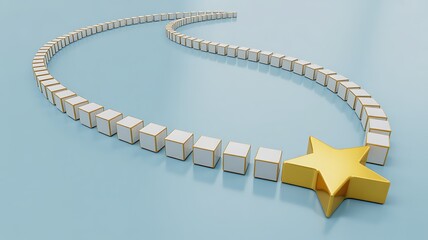 A golden star leads a curving path of white cubes, symbolizing success, direction, and unique achievement in a bright, clean presentation