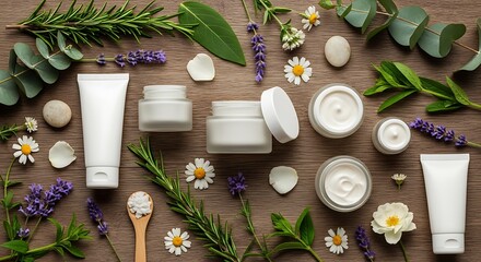 Natural Skincare Products with Herbal Ingredients on Wooden Background.