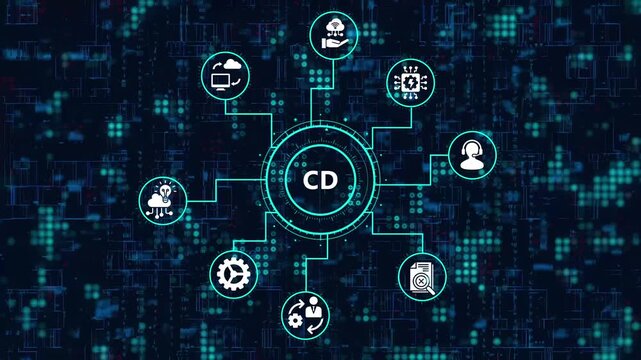 The cd concept is illustrated by a digital animation of interconnected icons, representing continuous delivery on a dark blue digital background