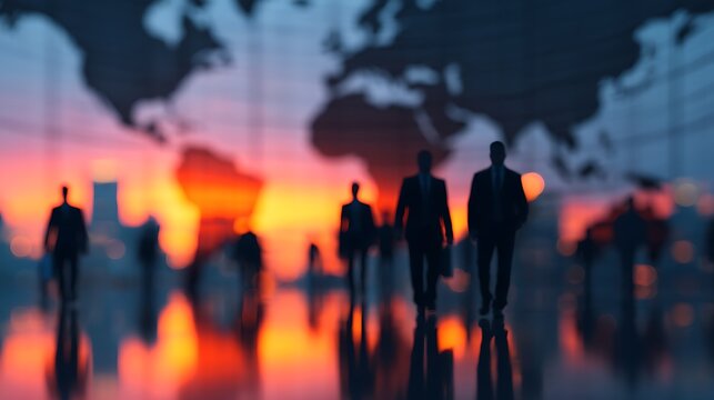 Silhouetted figures in suits walk towards a glowing world map backdrop during sunset, conveying a sense of business and global connections.