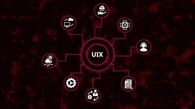 The concept of uix, user experience, user interface, usability the acronym uix in the middle of a network of icons on a blue background