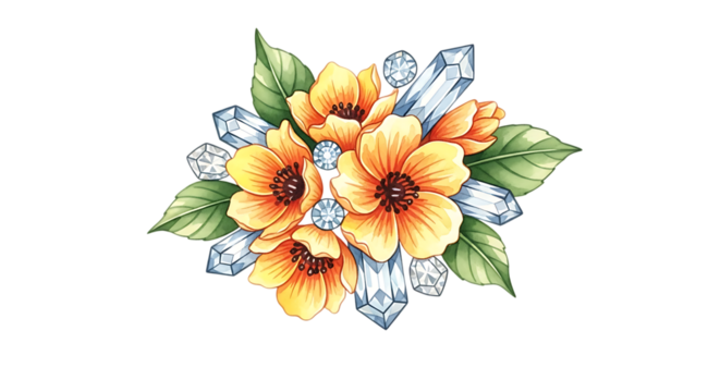 Watercolor bouquet of yellow flowers and crystals isolated on transparent background - Powered by Adobe