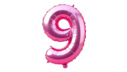Pink shiny number nine balloon isolated on white background, metallic foil style numeral for birthday party, celebration, anniversary, or festive decoration use