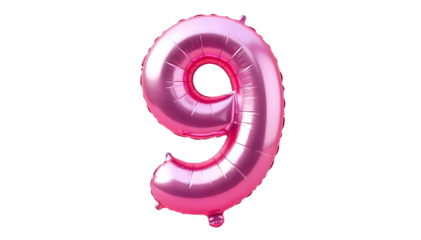 Pink shiny number nine balloon isolated on white background, metallic foil style numeral for birthday party, celebration, anniversary, or festive decoration use