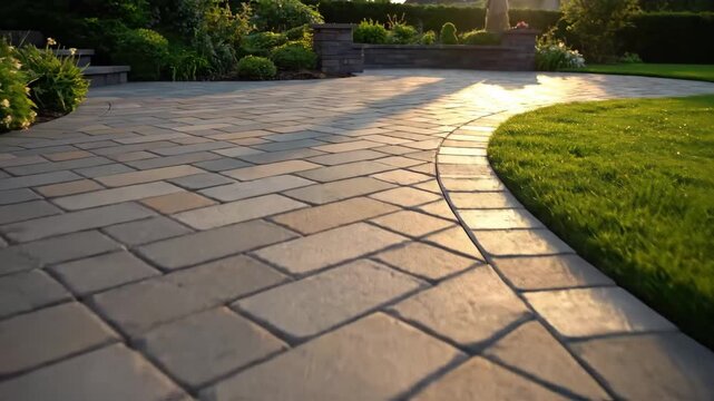 Herringbone Paver Walkway at Sunset - A paved walkway made with herringbone brick pavers curves through a beautifully landscaped lawn with lush green grass and manicured flower beds.