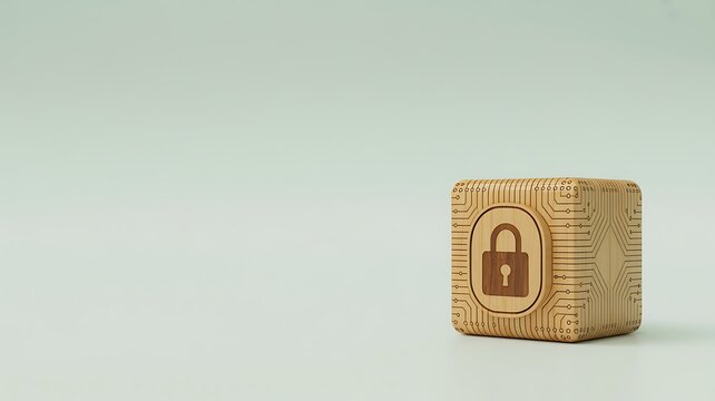 A secure wooden block featuring a padlock icon symbolizes protection, privacy, and digital security concepts in a clean, minimalist setting