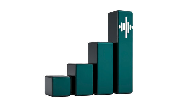 3D bar chart with four teal columns, tallest bar featuring white sound wave icon, isolated on transparent background, modern minimal style, data visualization concept