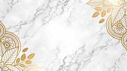 Elegant festive background with white marble, gold foil accents, and copy space for greeting text.