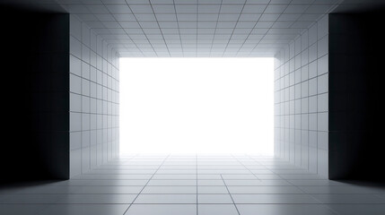 Futuristic white tiled corridor with large square window opening, geometric perspective, clean modern interior, minimalistic design, bright lighting, and empty space for creative concepts