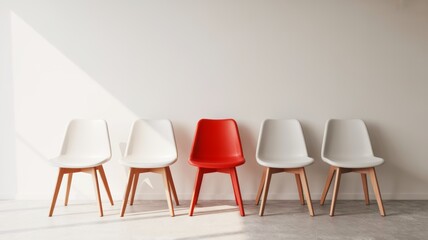 A minimalist setting features five chairs, four in white and one in bold red, arranged against a neutral wall, highlighting color contrast and modern design.