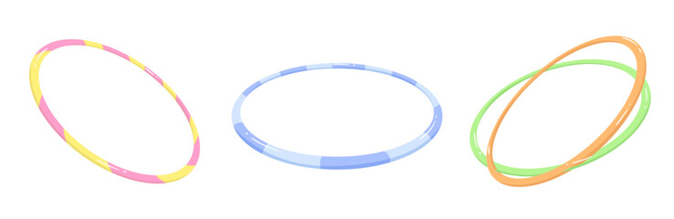 Set of Hula Hoops with different angles and colors isolated on white background. Exercise equipment for home workout, activity, active lifestyle. Flat vector illustration.