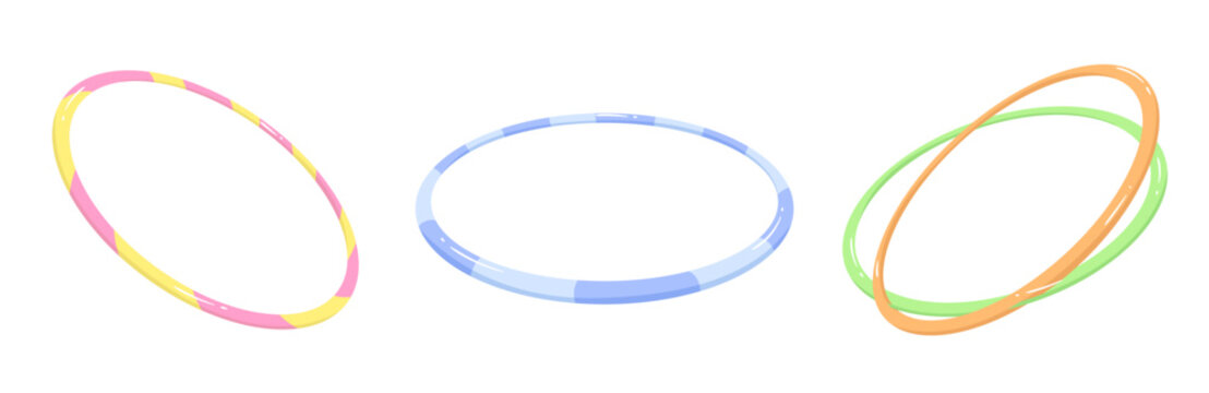 Set of Hula Hoops with different angles and colors isolated on white background. Exercise equipment for home workout, activity, active lifestyle. Flat vector illustration.