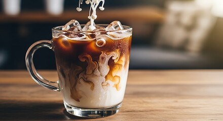 Refreshing Iced Coffee with Milk Splash on Wooden Table.