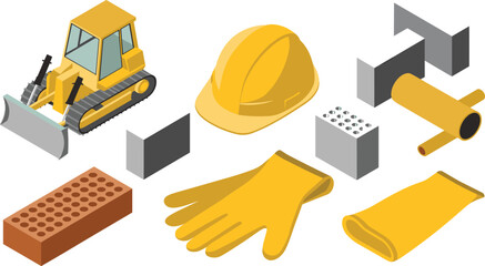 Isometric construction equipment illustration with bulldozer, safety helmet, gloves, bricks, pipes, and building materials isolated on white background