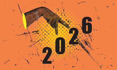 Grunge Pop Art Style: Hand Points to Year 2026, Symbolizing Future Planning, Goal Setting, New Year, Time Passage, and Strategic Business Objectives.