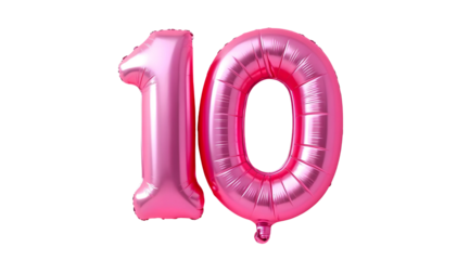 Pink shiny number ten balloon isolated on white background, metallic foil style numeral for birthday party, celebration, anniversary, or festive decoration use